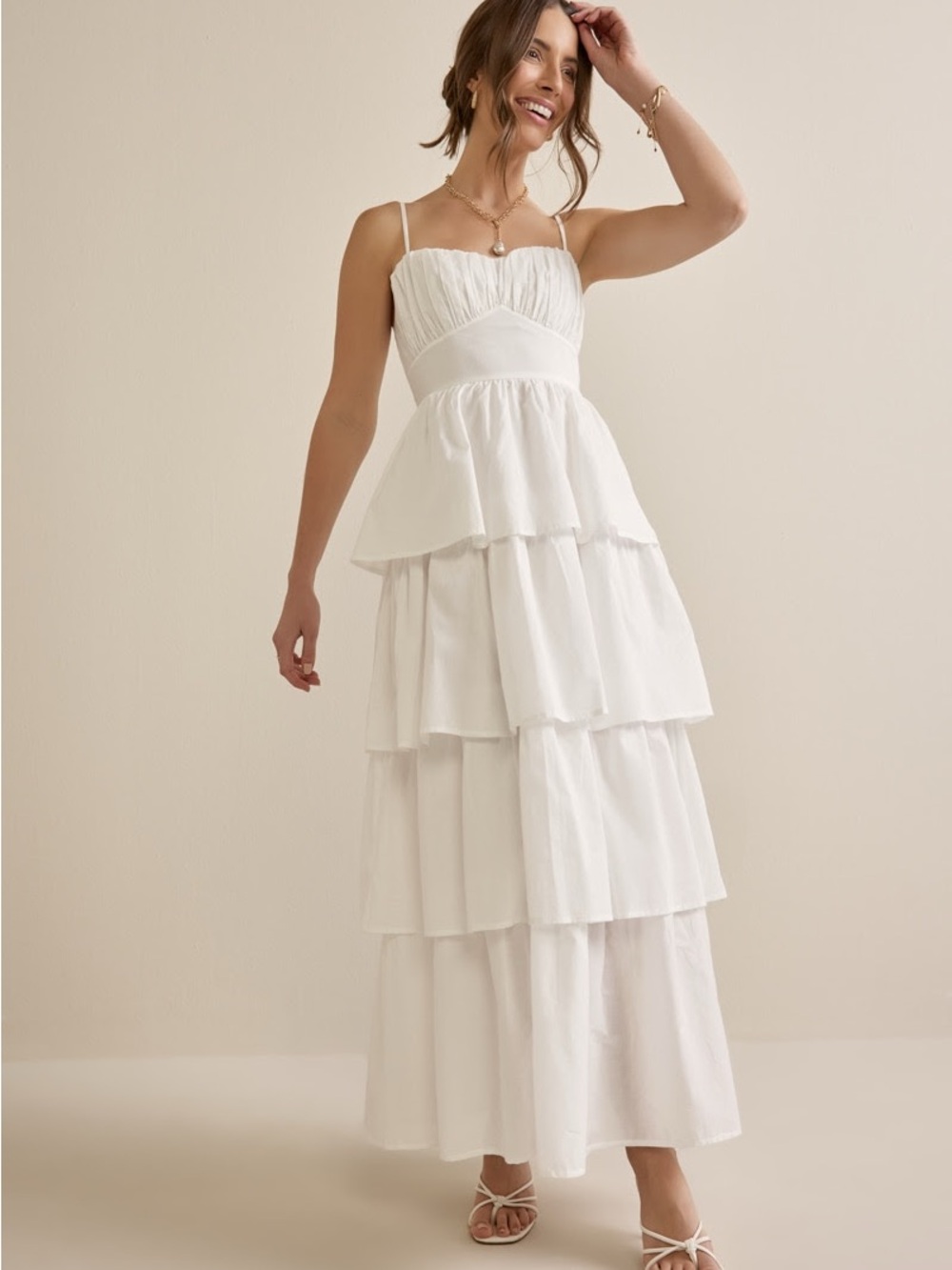 Francesca's Collections White Tiered Spaghetti-Strap Maxi Dress